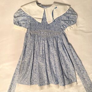 Vintage Polly Flinders Hand Smocked Girls 6X Dress Blue White Collar Floral